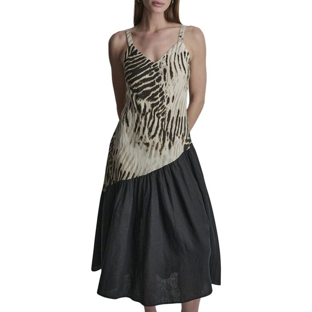 Dkny Womens V-Neck Printed Panel Linen Dress, Black